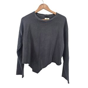 Aerie Sweatshirt Womens Medium Black Asymmetrical Raw Hem Cropped Oversized Crew